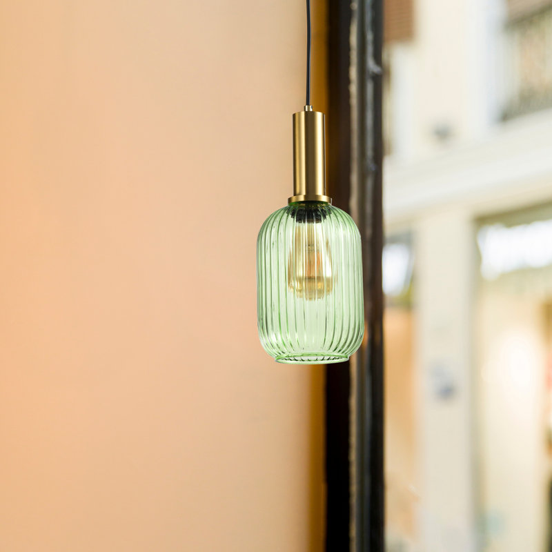 Rectangular Lantern Pendant Light-Modern Gold Copper Chandelier Pendant Light – Ribbed Glass Jar Shade, LED Ceiling Light Fixture with E27 Socket