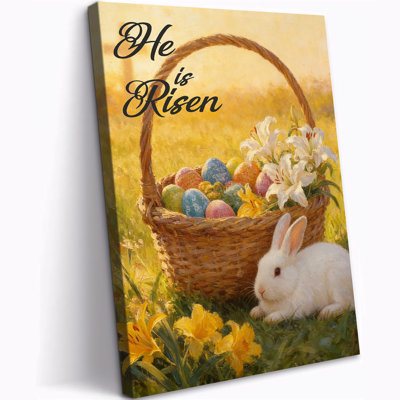 Easter Bunny Canvas Wall Art, He is Risen Poster with Rabbit Basket Lilies and Eggs, Spring Christian Wall Decor Canvas Prints, Religious Easter Painting Picture for Home Bedroom Nursery Ready to Hang, 12×16 Inches