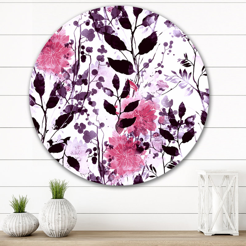 Rose et feuilles noires sur fond blanc, H 29 po x l 29 po
