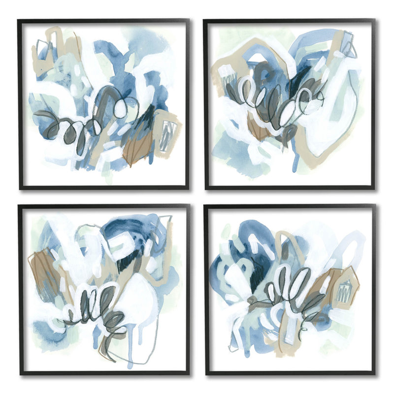 "Abstract Blue Squiggle Collage", ensemble de 4 giclées encadrées par June Erica Vess, Giclée encadrée noir minuit
