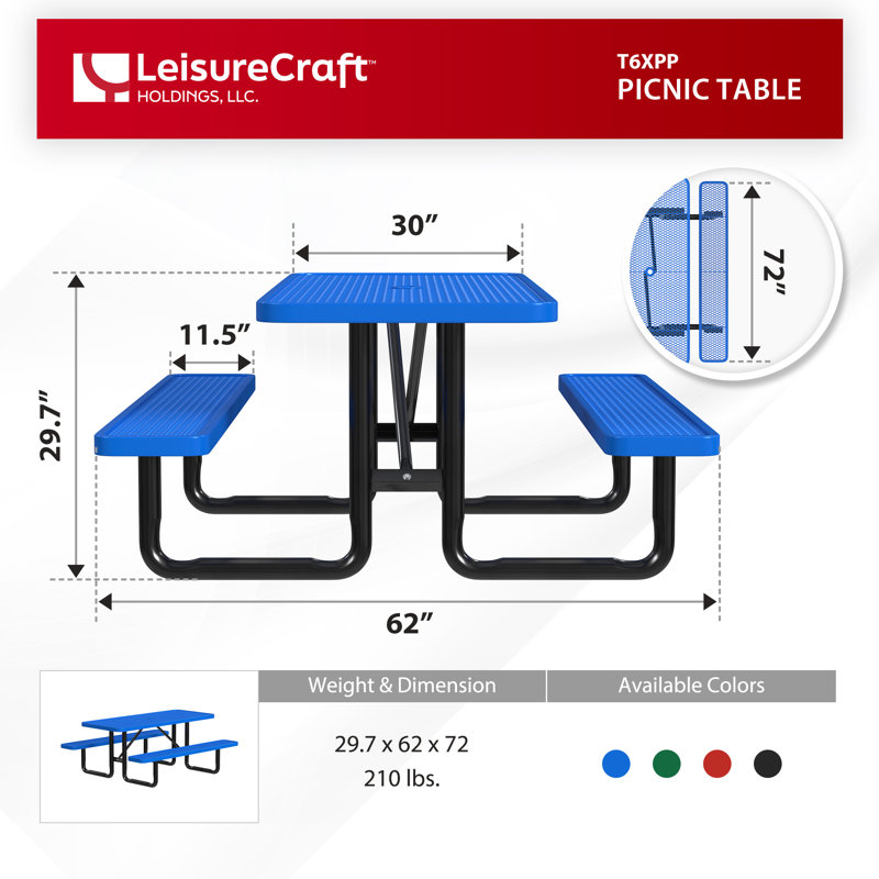 Leisure Craft Standard Outdoor Picnic Table, Blue, 72" W