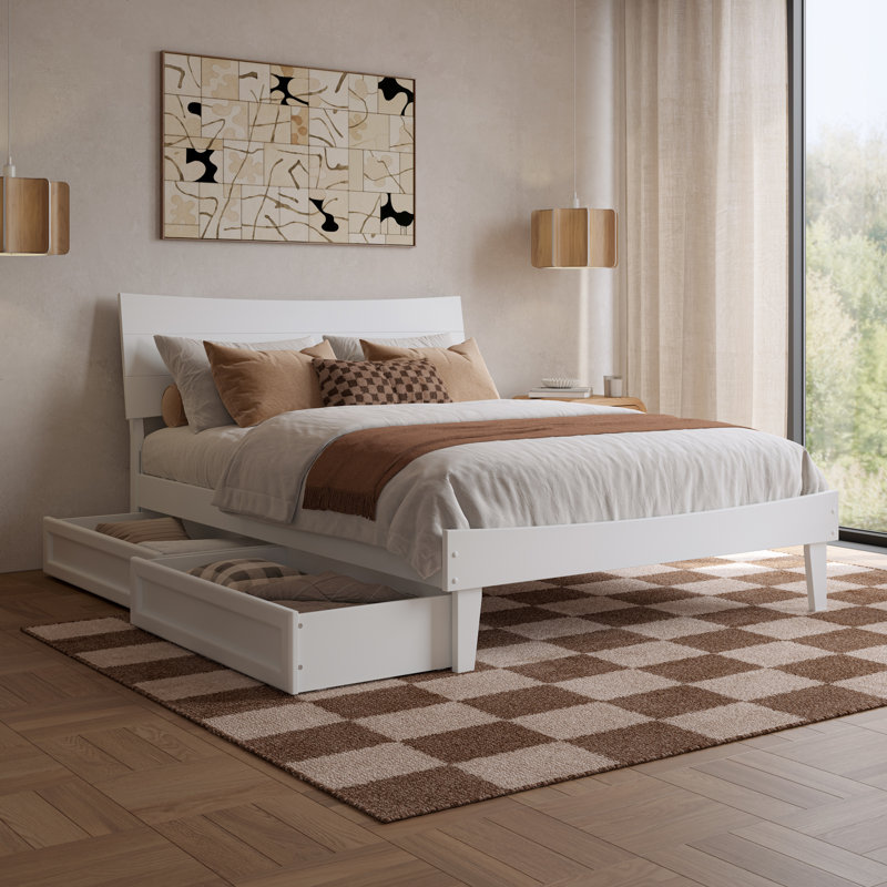 Phoenix Wood Platform Bed with Storage Drawers, Lit double, Blanc