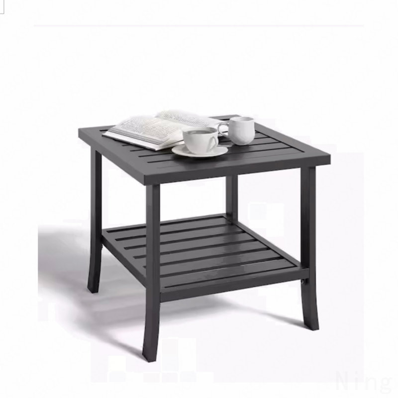 19" Square Black Metal Outdoor Side Table, 2-Tier All-Weather Patio End Table, Black