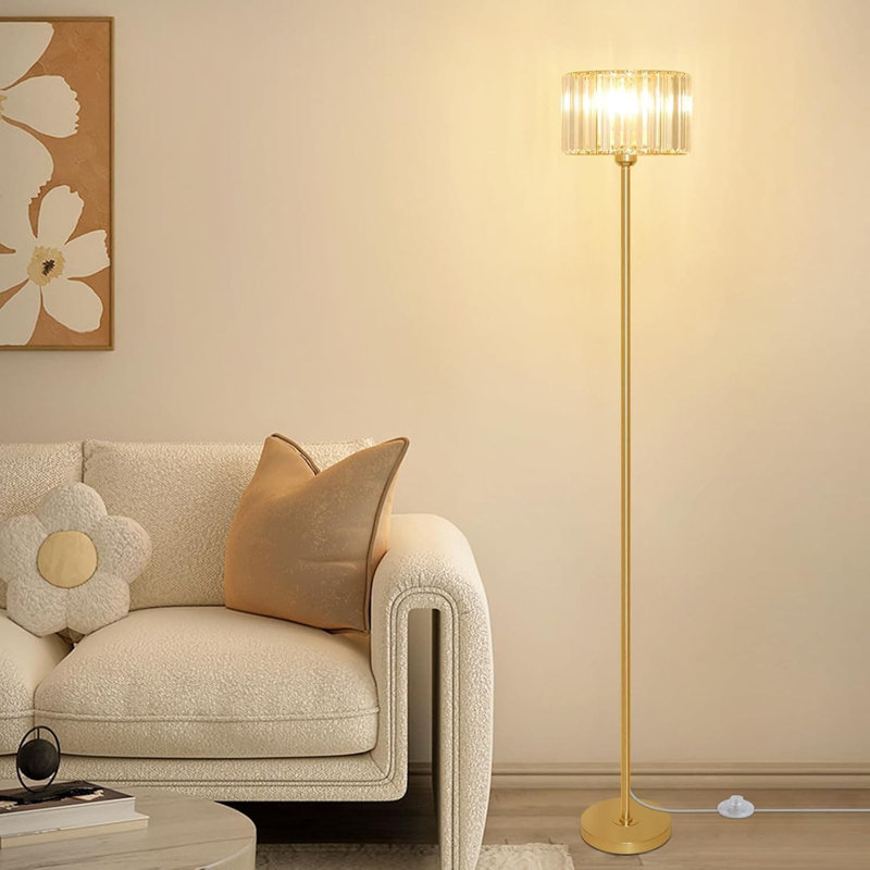Modern Gold Floor Lamp With K9 Crystal Shade, Mid-Century Tall Standing Lamp For Living Room, Bedroom, Office, And Nursery, Brass Finish With Foot Switch