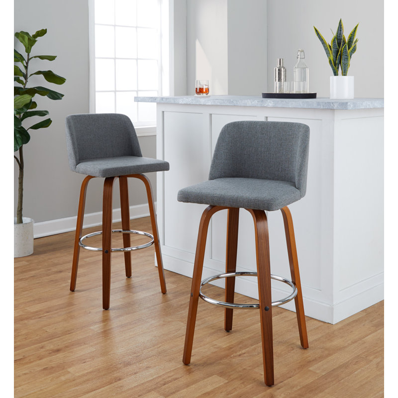 Thea 30" Fixed-Height Bar Stools with Bent Wood Legs & Round Footrest, Light Gray/Black, Gray Polyester Blend