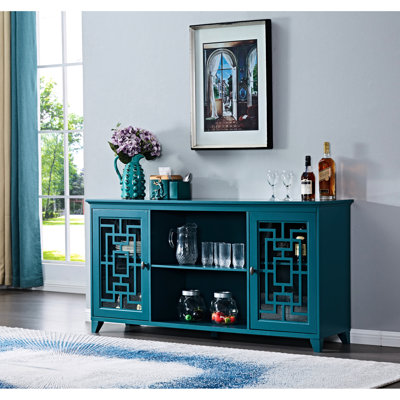 Buffet de 60 po, unité de rangement bleu sarcelle, pieds en bois massif et tablettes amovibles