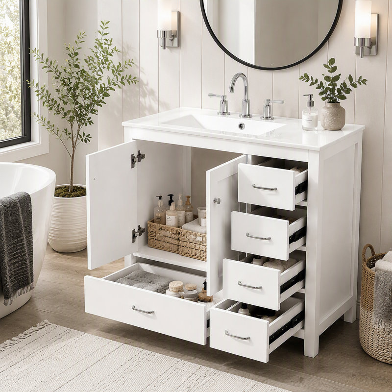 Meuble-lavabo de salle de bain de 91 cm (36 po) avec 5 tiroirs et portes à fermeture en douceur, Blanc, Argent