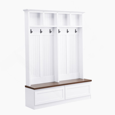 Farmhouse 4-In-1 Hall Tree With Wood Grain Bench, Mudroom Versatile Coat Rack With 2 Large Drawer, Entrance Organizer For Hallway, Living Room, White, 55.9"W 
