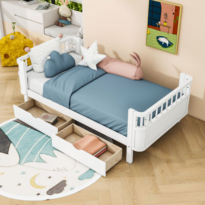 Bed With Safety Rails And Storage Drawers, Slats
