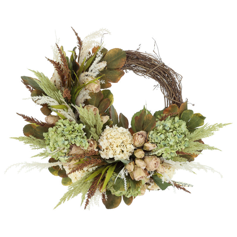 28"  Grapevine Wreath with Roses, Hydrangeas and Pampas