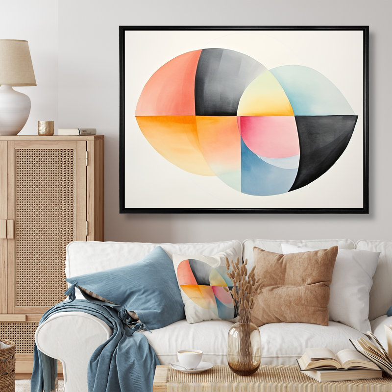 Motif géométrique de couleurs douces II - art mural géométrique, Cadre flottant noir, H 24 po x l 32 po x P 1 po