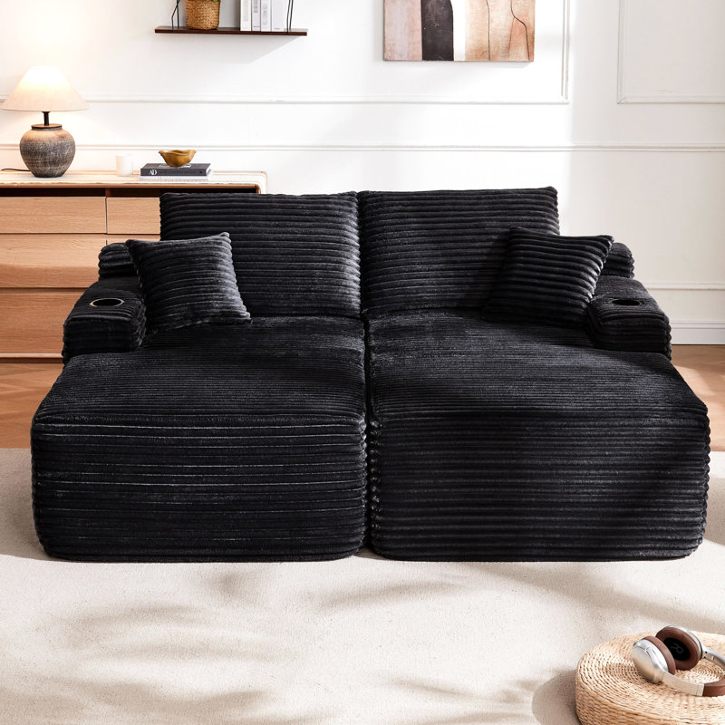 Canapé modulaire 69 po 2 places avec tissu noir, méridienne double et rembourrage à ressorts pour salon moderne, utilisation instantanée, aucun assemblage requis