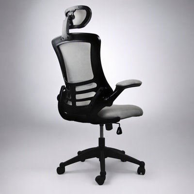 Modern High-Back Mesh Executive Office Chair with Headrest and Flip-Up Arms, Silver Grey, Ergonomic Support and Comfort
