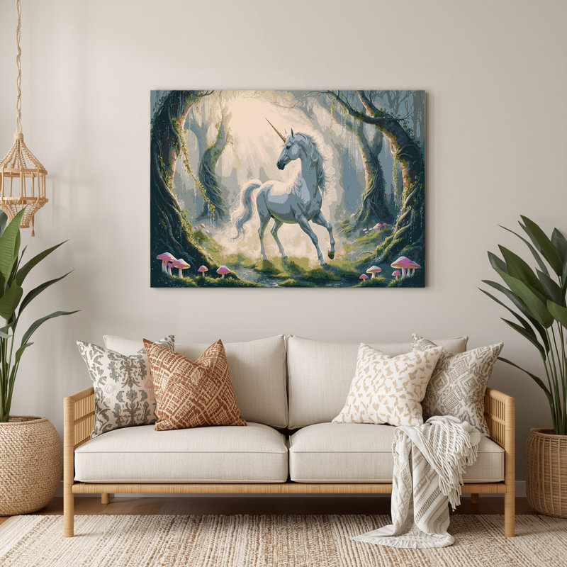 Art mural en métal gris licorne sciifi dans forêt mystique