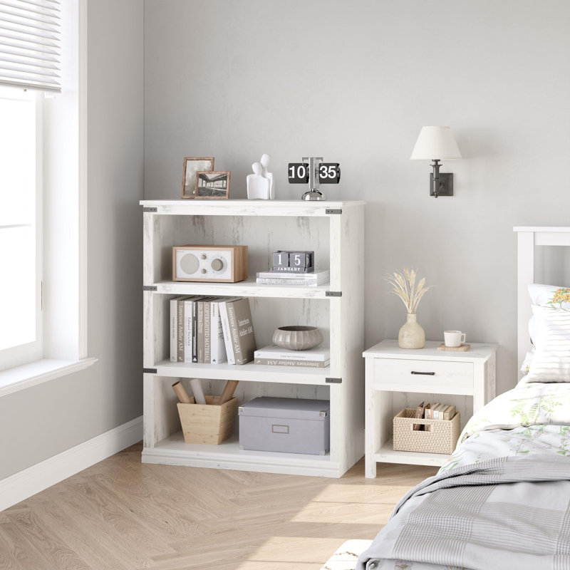 3 Tier Bookcase, Farmhouse Book Shelf with Storage, Low Book Case Wooden 3 Shelf Bookcase, White