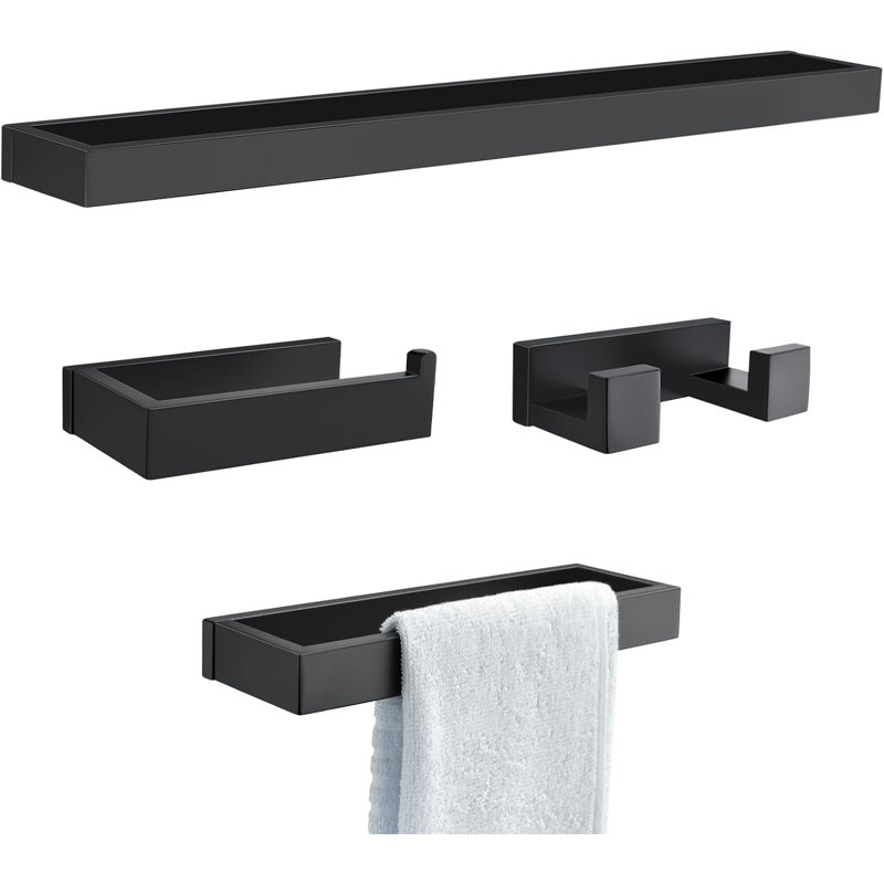Matte Black Towel Bar Set - 4-Piece Bathroom Hardware Accessories With 304 Stainless Steel Wall Mounted Towel Rack