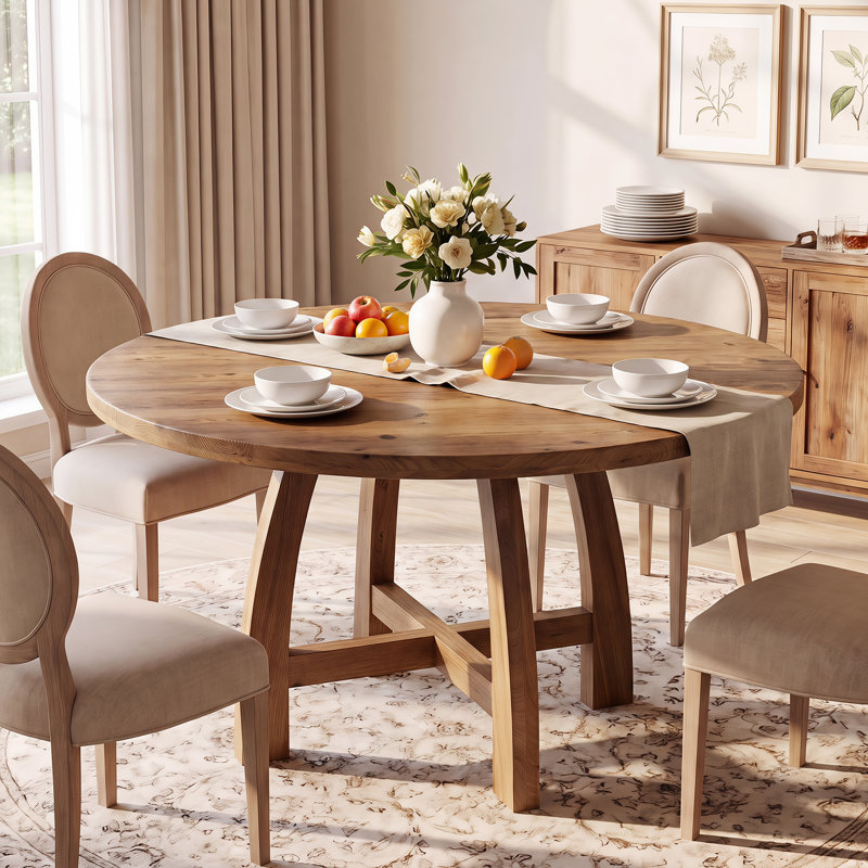 Solid Wood Round Dining Table with Cross Base
