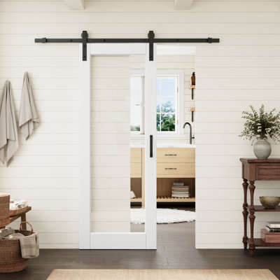 Porte standard préfinie en verre clair 1 vantail 28 po x 80 po avec ensemble de quincaillerie noire pour porte de grange, idéale pour le garde-manger et le placard.