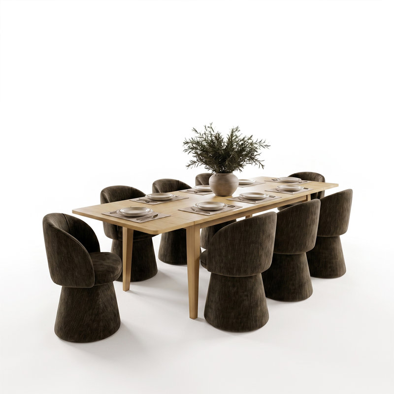 Ensemble de table de salle à manger extensible avec table en placage de bois véritable et chaises pivotantes rembourrées à 360 °