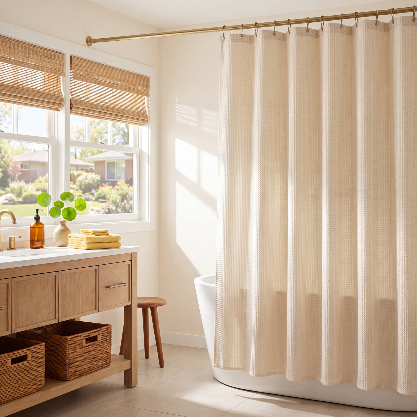 Fasnacht Modern Waffle Shower Curtain, Light Beige