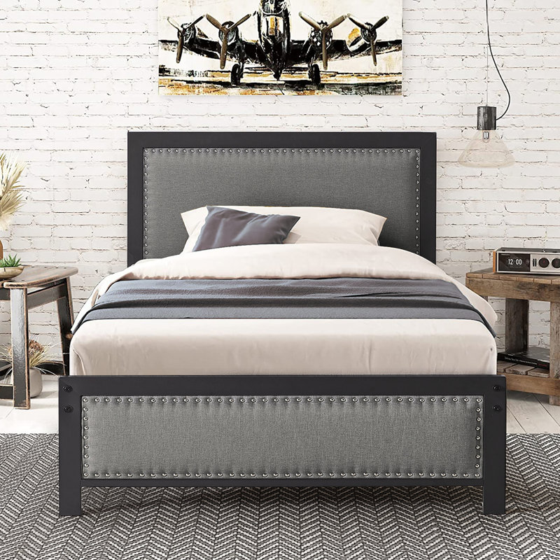 Belah Twin Size Bed Frames with Linen Upholstered Headboards and Nailhead Trim, Heavy-Duty Metal, Gray/Black