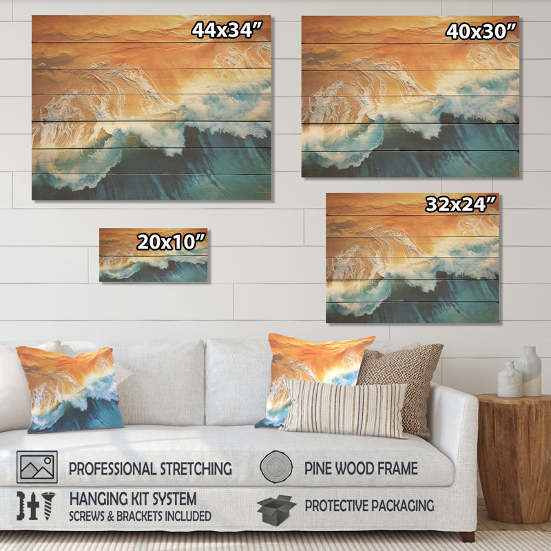 Blue And Orange Vintage Beach Aerial View IV - Beach On Wood Print, 34" H x 44" W x 0.78" D