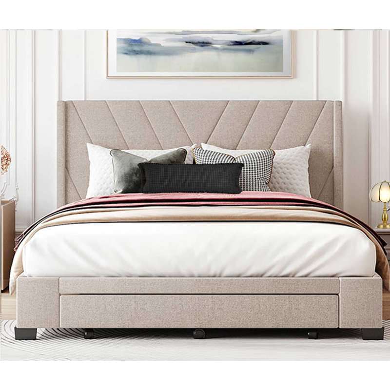 Grand lit plateforme tapissier avec rangement capitonné, Beige