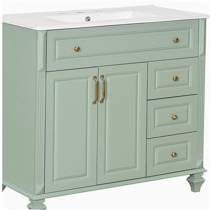 Meuble-lavabo de 36 po avec lavabo, armoire de salle de bain en bois massif vert avec tiroir rabattable, 3 tiroirs et 2 portes, conception élégante avec poignées en métal doré, meuble-lavabo moderne en bois aggloméré pour le rangement de la salle de bain