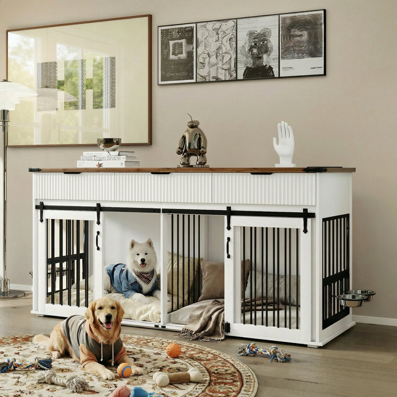 Meuble double avec 3 tiroirs cannelés et plateau de table imperméable, grand chenil pour chien avec prise de courant et mangeoires rotatives pour chiens robustes