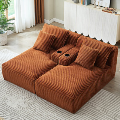 Compressible Orange Corduroy With Double Chaise Lounge And Cupholders, Spring Padding For Support In Bedroom Reading, Instant Use Relaxing Bedroom, No Assembly Required
