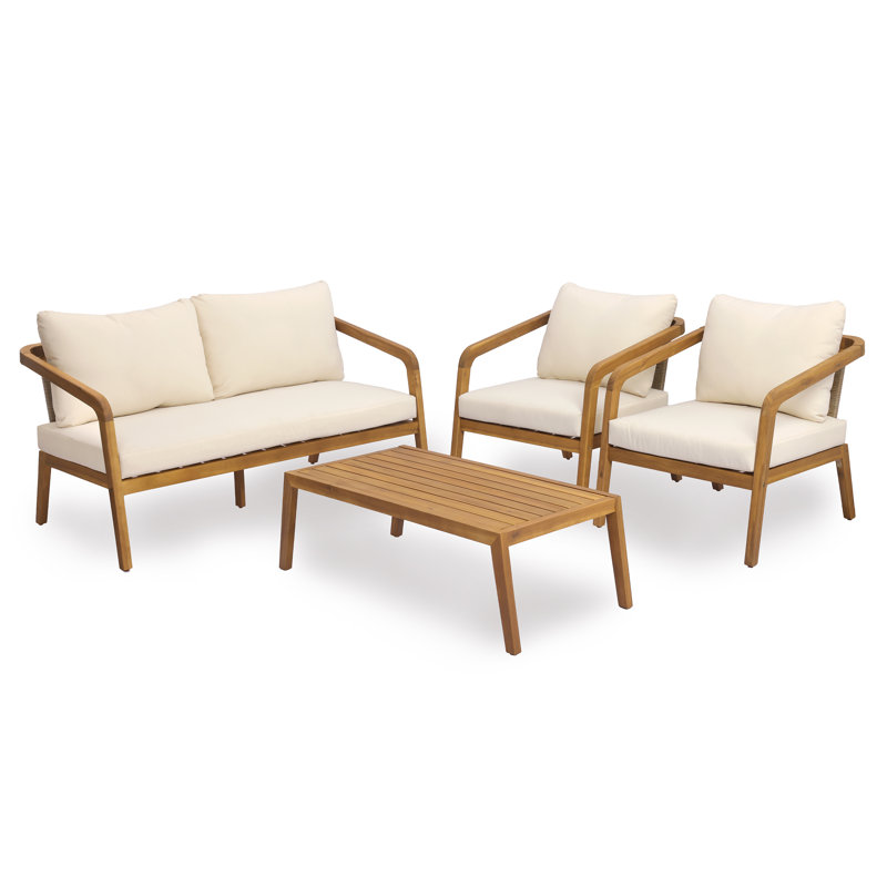 Kanso 4-Person Modern Minimalist Acacia Wood Outdoor Conversation Set With PE Wicker Backrest And Cushions