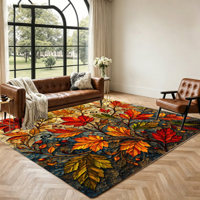 Vibrant Autumn Leaf Pattern Rug, Stain Resistant Easy Clean Non-Slip Area Rug, Indoor Floor Mat for Living Room, Bedroom, Hallway, Home Decor