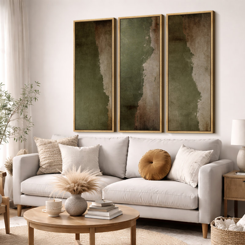 Subtile olive verte abstraite tons de terre triptyque - images très grandes impressions sur toile encadrées 3 pièces