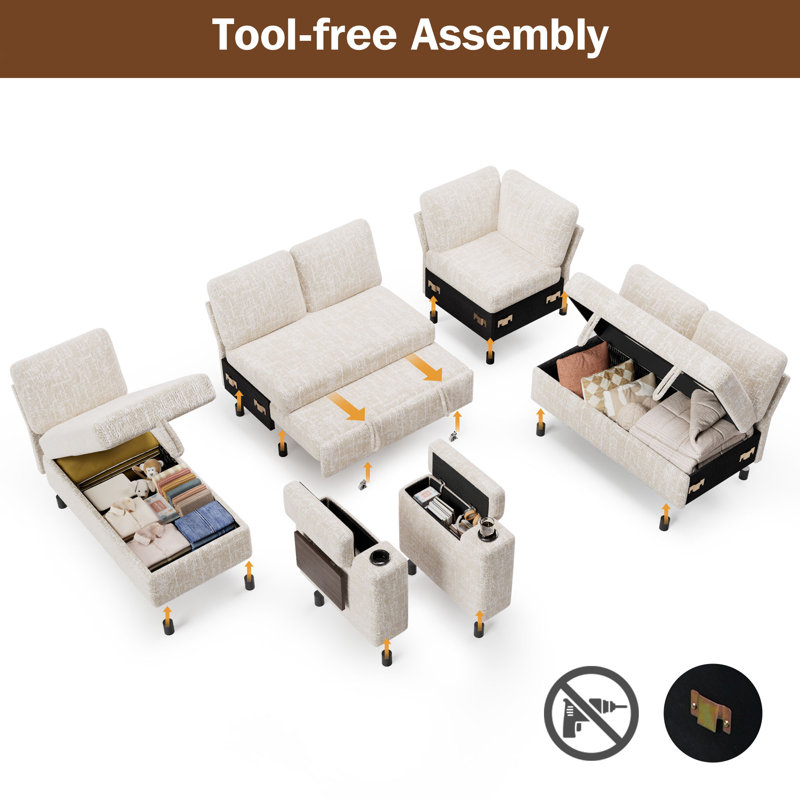 110" Modular Sectional Pull-Out Sofa With Side Table, Cupholders, Charging Ports, Beige