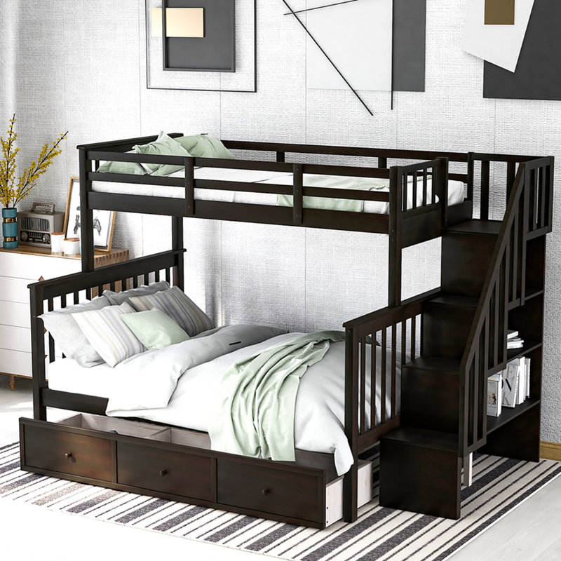 Lit superposé simple au-dessus d'un lit double avec tiroir, rangement et barrière de sécurité Stairway, Espresso