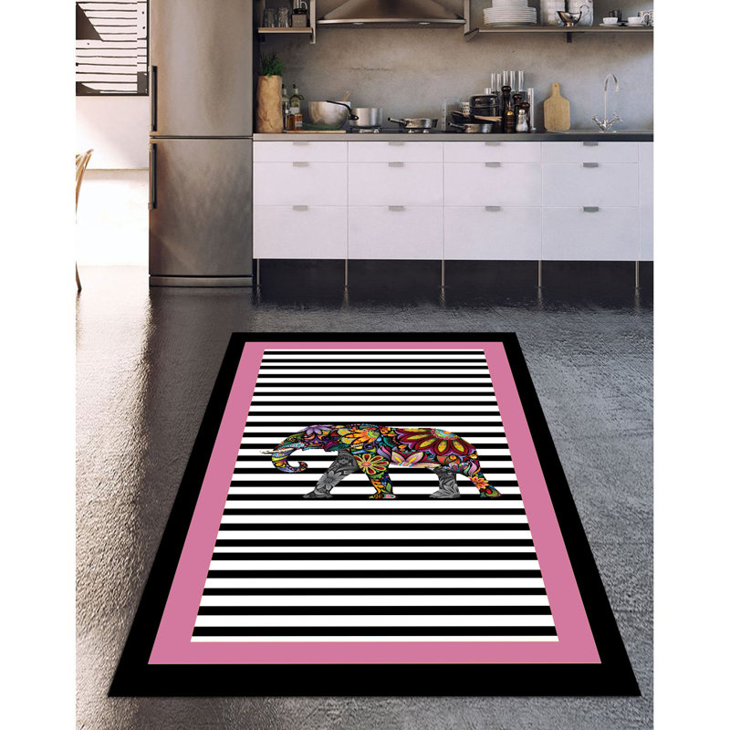 Tapis rose / noir en polyester tissé à la machine Denieul, Tapis de couloir 3 pi 3 po x 13 pi 1 po