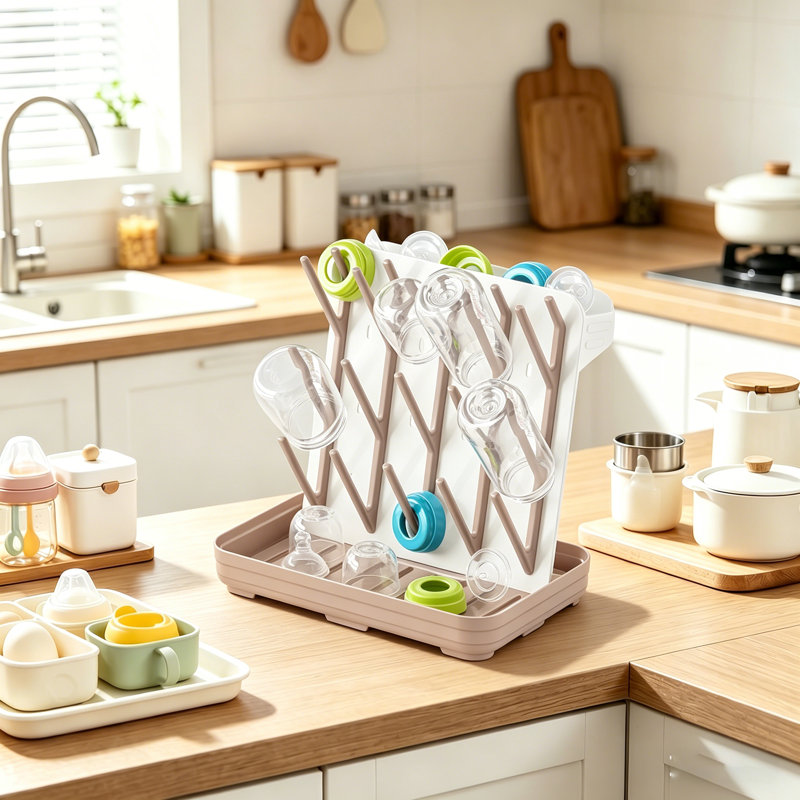 Baby Bottle Drying Rack with 20 Hooks, Space-Saving Vertical Countertop Organizer for Bottles & Accessories, Brown