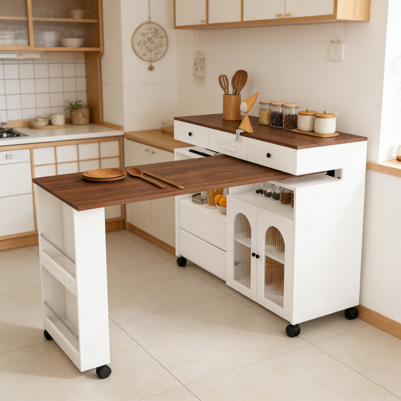 Kitchen Island With Extendable Rotating Tabletop, Expandable Dining Station For 2-4 People, Storage Island With 4 Drawers, Glass Door Cabinet, And Built-In Electrical Outlet
