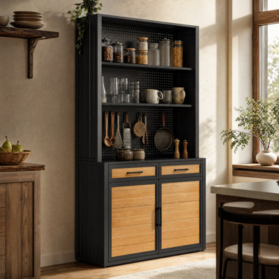 83" H Black Pine Display Dinning Hutch With Pegboard & Drawers