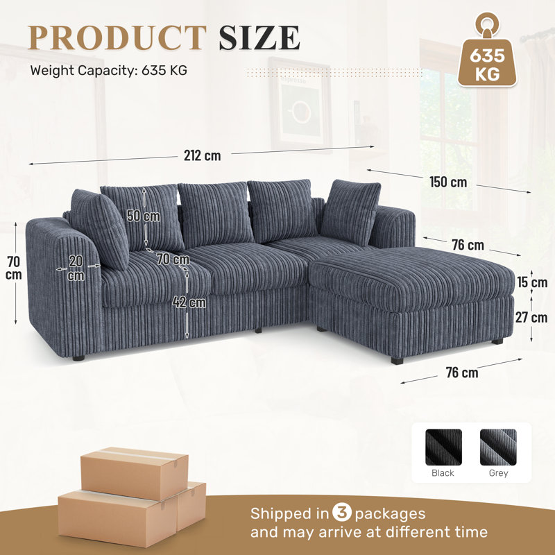 3 Seater Sofa & Chaise, Grey