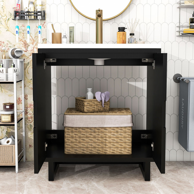 Meuble-lavabo simple autoportant minimaliste avec portes à fermeture en douceur, lavabo en résine et rangement