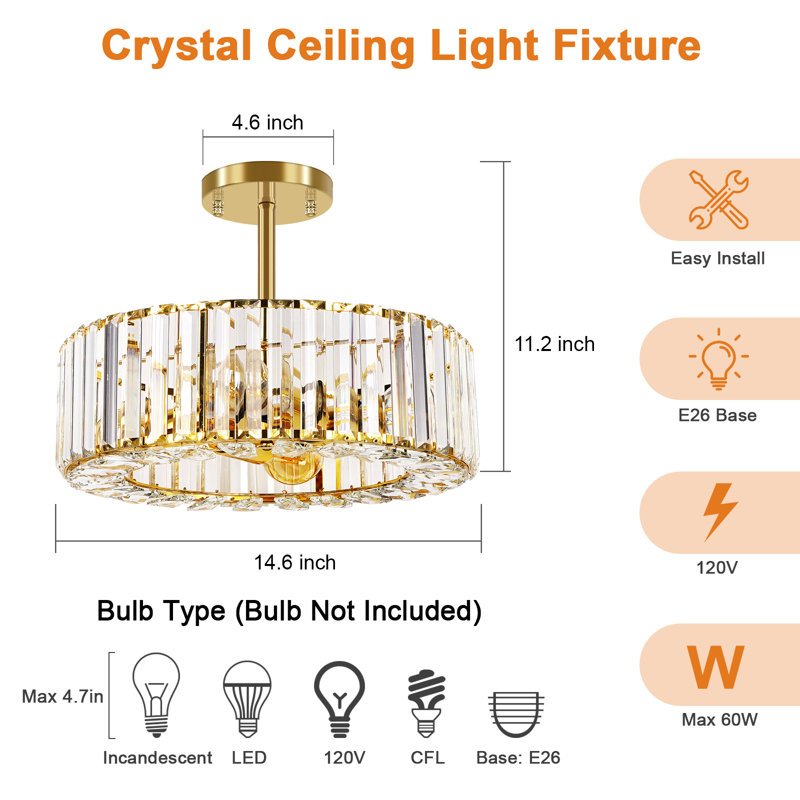 14.5" 4-Light Semi Flush Mount Ceiling Light Gold Frame Bright (Bulbs Not Included), Gold