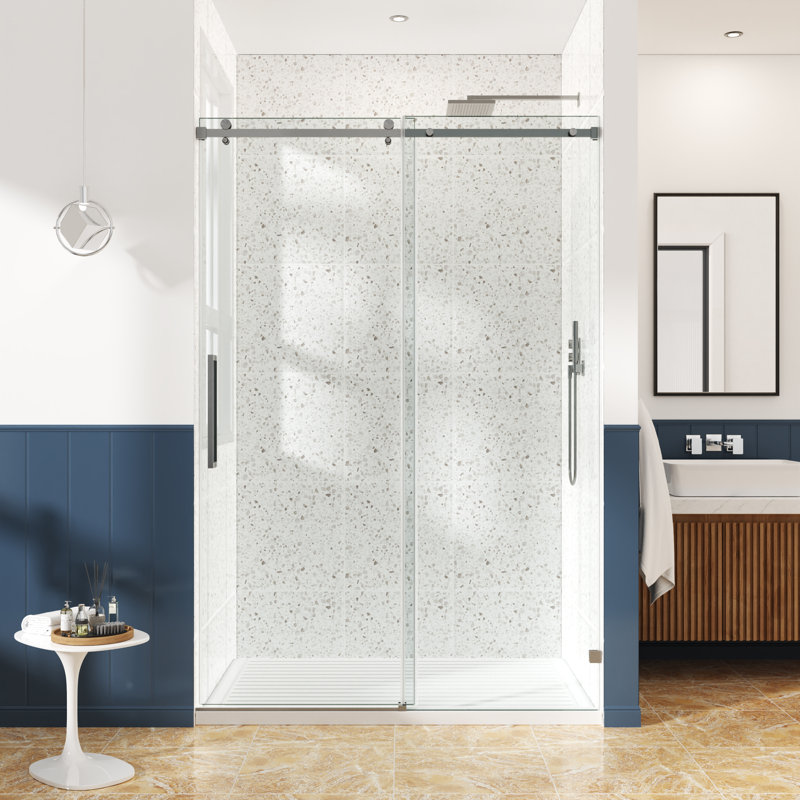 44-49" W x 72" H Frameless Single Sliding Shower Door, 3/8"(10mm) SGCC Tempered Clear Glass with R5 Beveled Edge, Shatter-Resistant Anti-Explosion Film, Square Top Rail & Installation Hole Locator