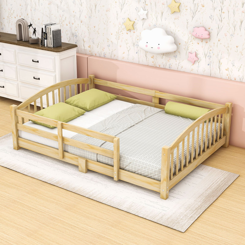 Wood Montessori Floor Bed with Guardrails and Slat Support, Natural, Full
