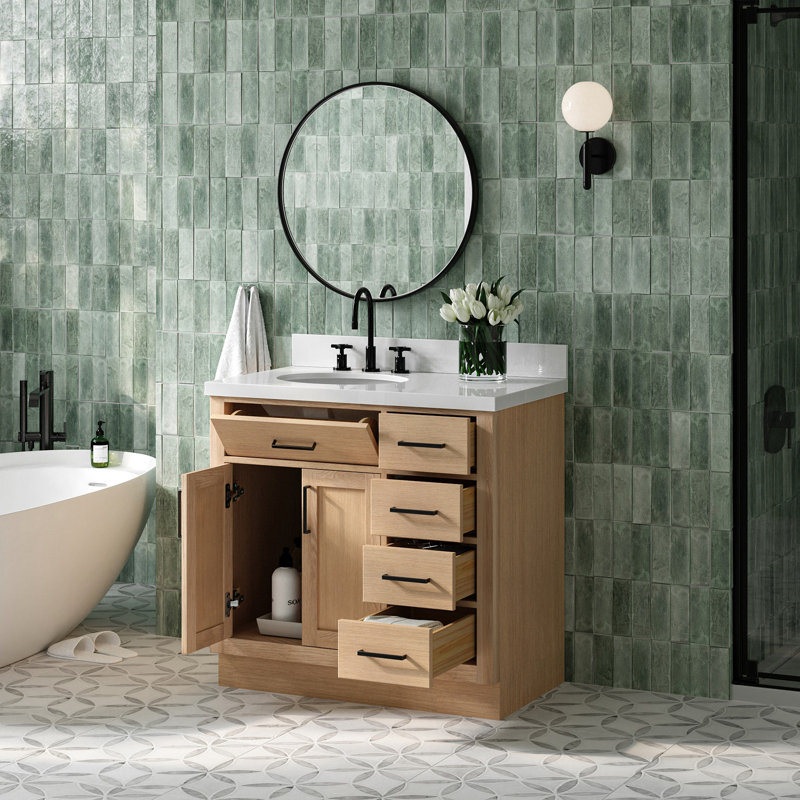 Meuble-lavabo simple en bois massif 36 po Tidworth avec plateau en quartz 1,5 po, Gauche, Ovale, Chêne naturel