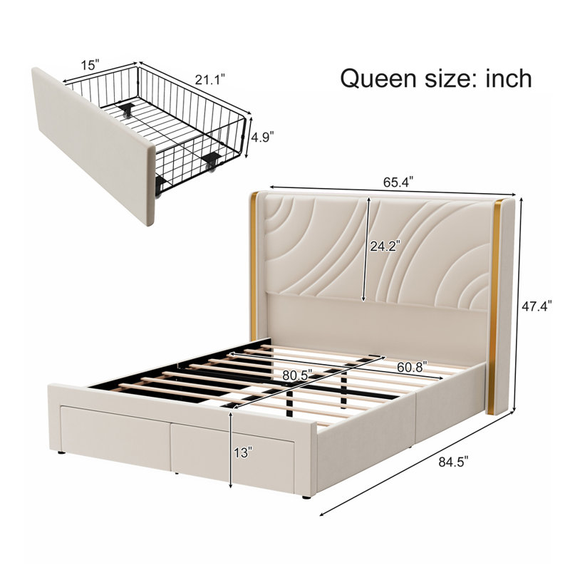Structure de lit moderne tapissier à DEL avec tiroirs de rangement, Beige, Grand