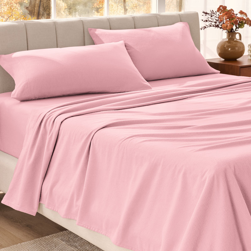 Ensemble de draps en flanelle 100% coton biologique, Ensemble de draps pour lit double, Rose clair