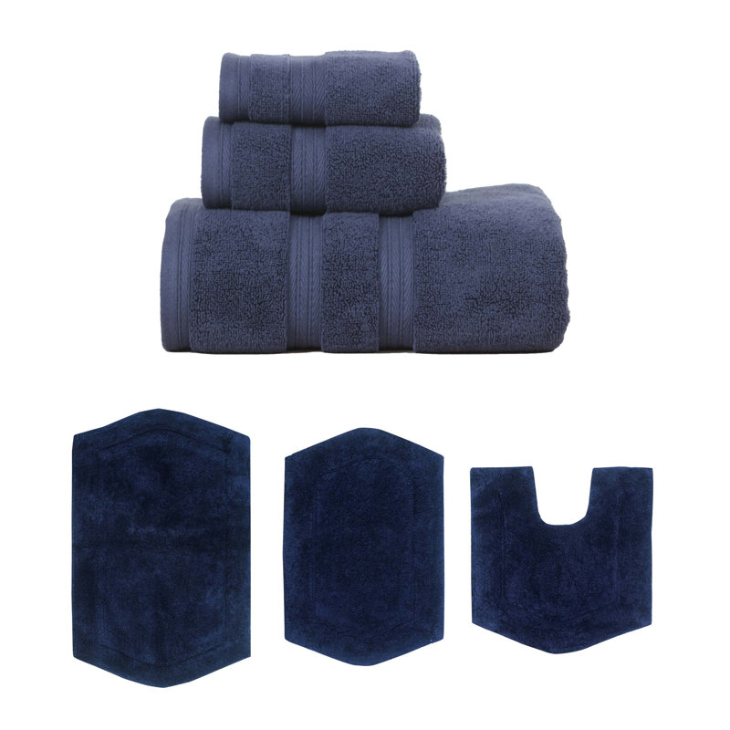 Bryd Collection 100% Soft Cotton 3 Pc Towel Set & 3 Pc Bath Rug Set, (Set of 6), Navy Blue