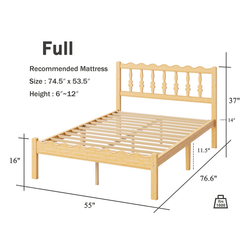 Structure de lit double en bois massif avec tête de lit ondulée, sans sommier tapissier, bambou et métal, Double, 14"