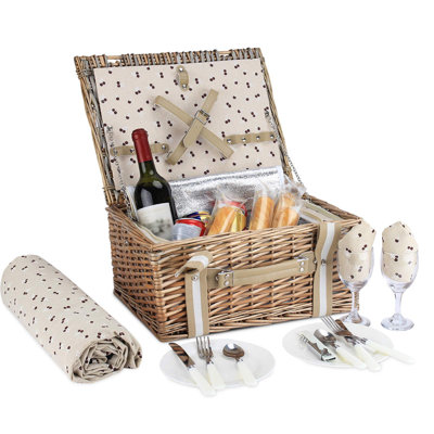 Willow Picnic Basket Set For 2 Persons With Large Insulated Cooler Bag And Waterproof Picnic Blanket, Wicker Picnic Hamper For Camping,Outdoor, Beige